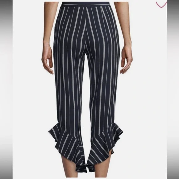 Saks Fifth Ave Women's Striped Ruffle Hem Crop Navy White Size 2 Casual Pants - Picture 2 of 6